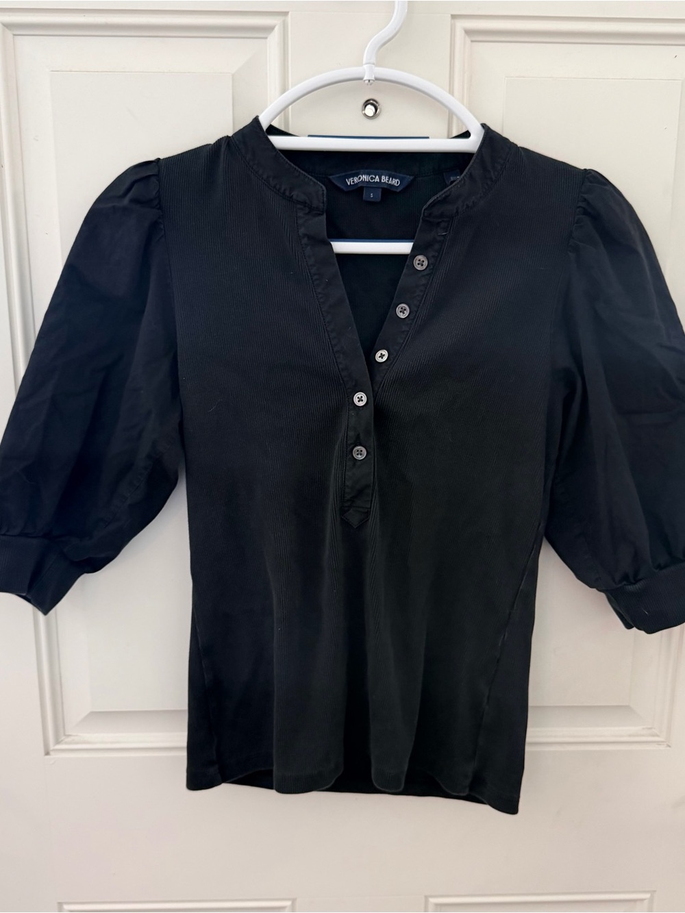 Veronica Beard Coralee Top S | Black Puff Sleeve Henley